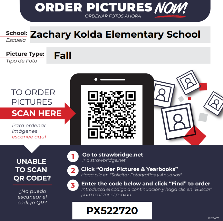 Digital flyer with a QR code, school name, and instructions for ordering fall pictures. Background is plain, text is clear and concise.