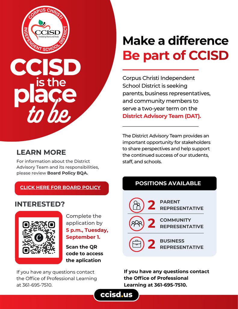 An informational graphic promotes joining the Corpus Christi ISD District Advisory Team. It features roles available, application details, and a QR code.