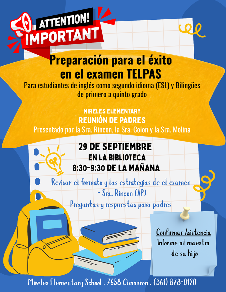 Poster with blue and yellow background. Text reads "Preparación para el éxito en el examen TELPAES". Icons include a backpack, books, and a light bulb.