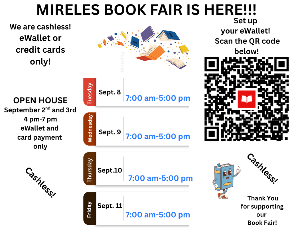 Poster for Mireles Book Fair, cash-free with eWallet and credit cards only. QR code and schedule details.
