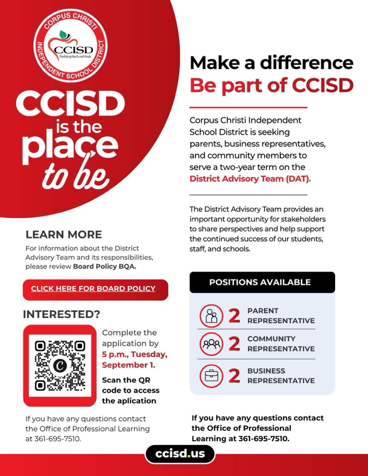 District flyer seeking parent and community volunteers to consider applying for the District Advisory Team.  QR code and link to submit application in the flyer.
