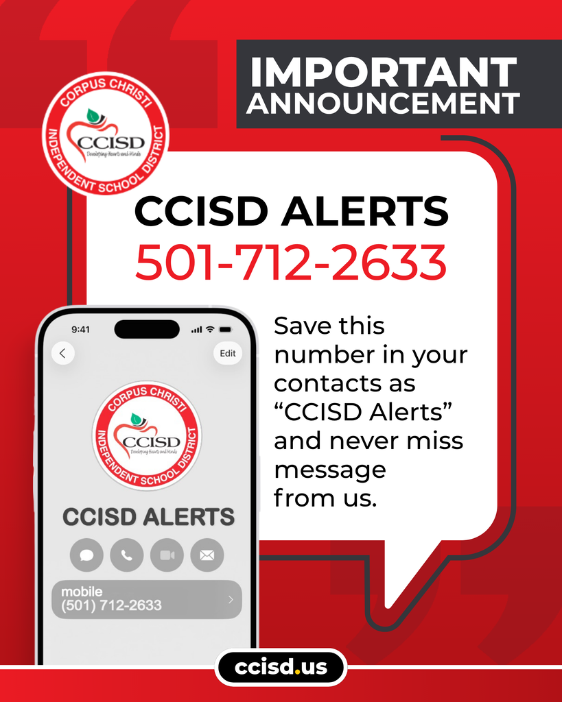 A smartphone screen shows an alert with "CCISD ALERTS" and a contact number. The background is red with text "IMPORTANT ANNOUNCEMENT" and "CCISD ALERTS 501-712-2633".
