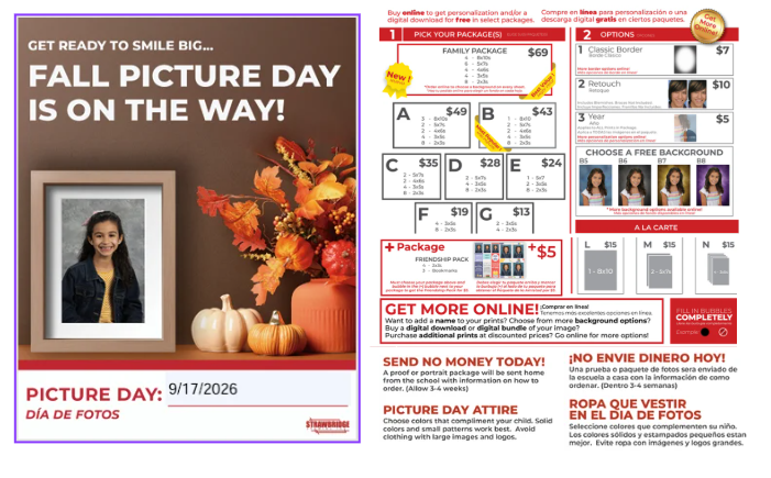 An advertisement for Fall Picture Day shows a photo frame with a woman, autumn leaves, pumpkins, and a pumpkin.