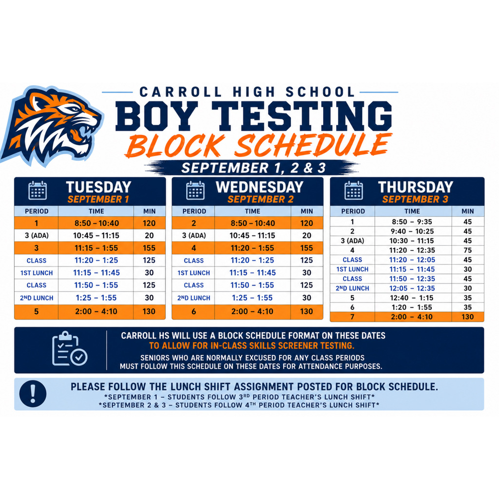 A schedule for Carroll High School Boy Testing Block Schedule on September 1, 2, and 3. Blue and white text on a blue background.
