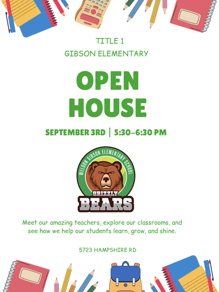 Flyer with a white background. Titled "OPEN HOUSE". Text invites families to meet teachers and explore classrooms.