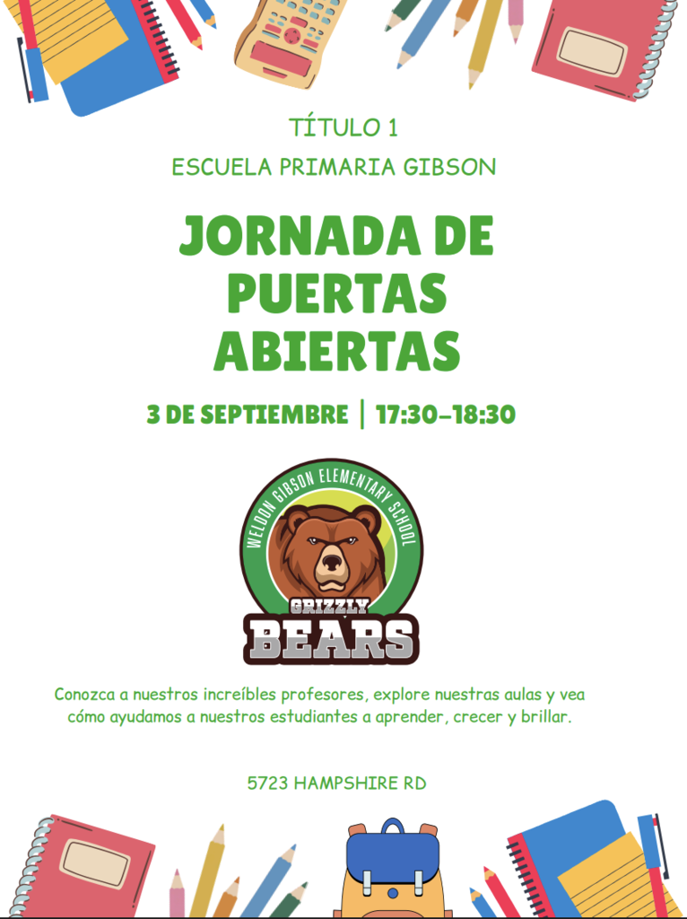 Poster with "Jornada de Puertas Abiertas" in bold. Spanish text and "3 de Septiembre | 17:30-18:30" below. Logo with brown bear and "Griffin Bears" text. School address and colorful school items.