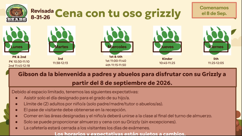 An advertisement with paw prints, dates, and text about a meal with Grizzly the bear.