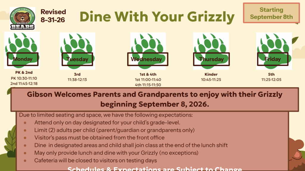 A poster announces Dine With Your Grizzly, starting September 8. It features paw prints and days of the week.