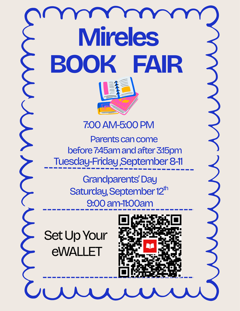 White background with blue border. "Mireles BOOK FAIR" in blue. QR code. Times and dates for the event.