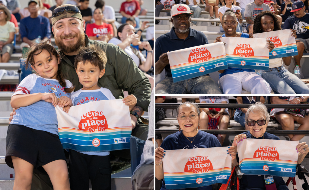 Four groups of people in a stadium, each holding banners with text "Urban Placer". Each group includes adults and children.