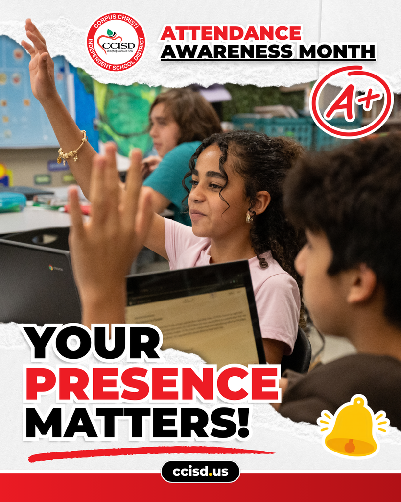 Poster for Attendance Awareness Month features two children in a classroom with text. One child is raising hand and another is looking at a laptop.