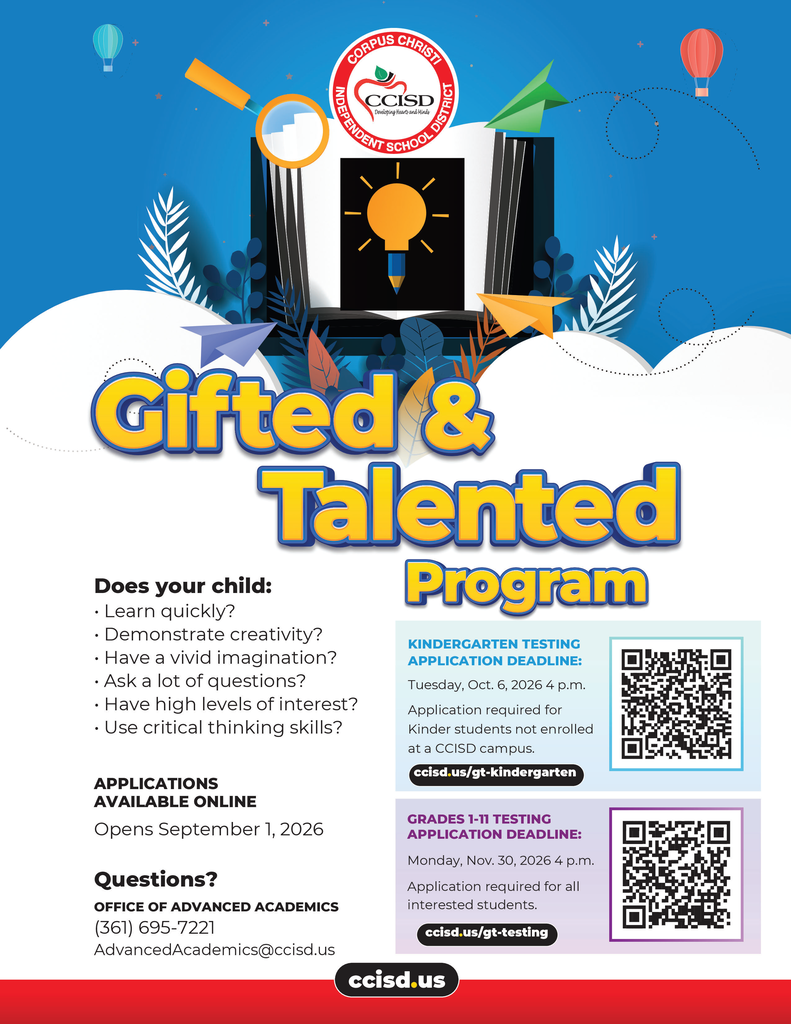 Poster for the Gifted & Talented Program. It includes icons for a light bulb, magnifying glass, and arrows. QR codes are present for more information.