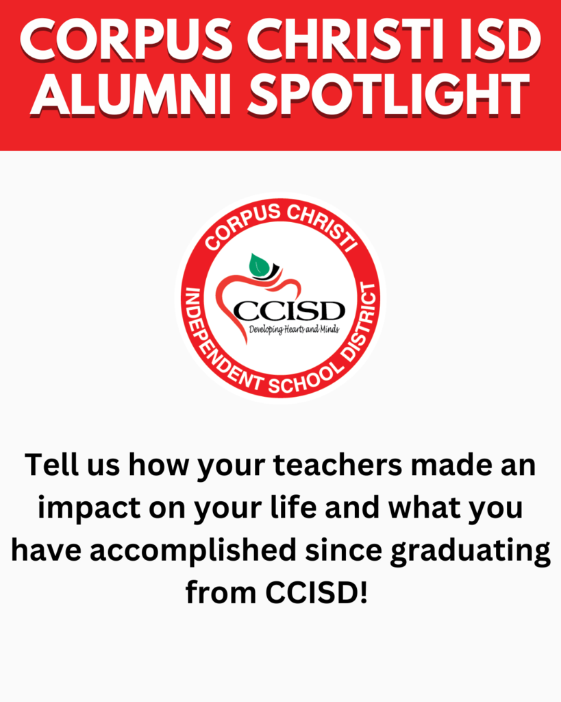 White background with red and black text. An oval logo features an apple with "CCISD" written inside. Below the logo is a prompt to share how teachers impacted your life and accomplishments.