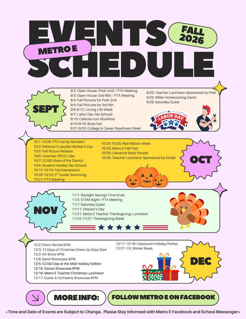 Calendar for events at Metro E School for Fall 2026. It includes events from Sept, Oct, Nov, and Dec with icons for each.