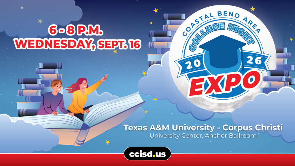 Poster for the College Night Expo with two students on a book, a graduation cap, and event details.