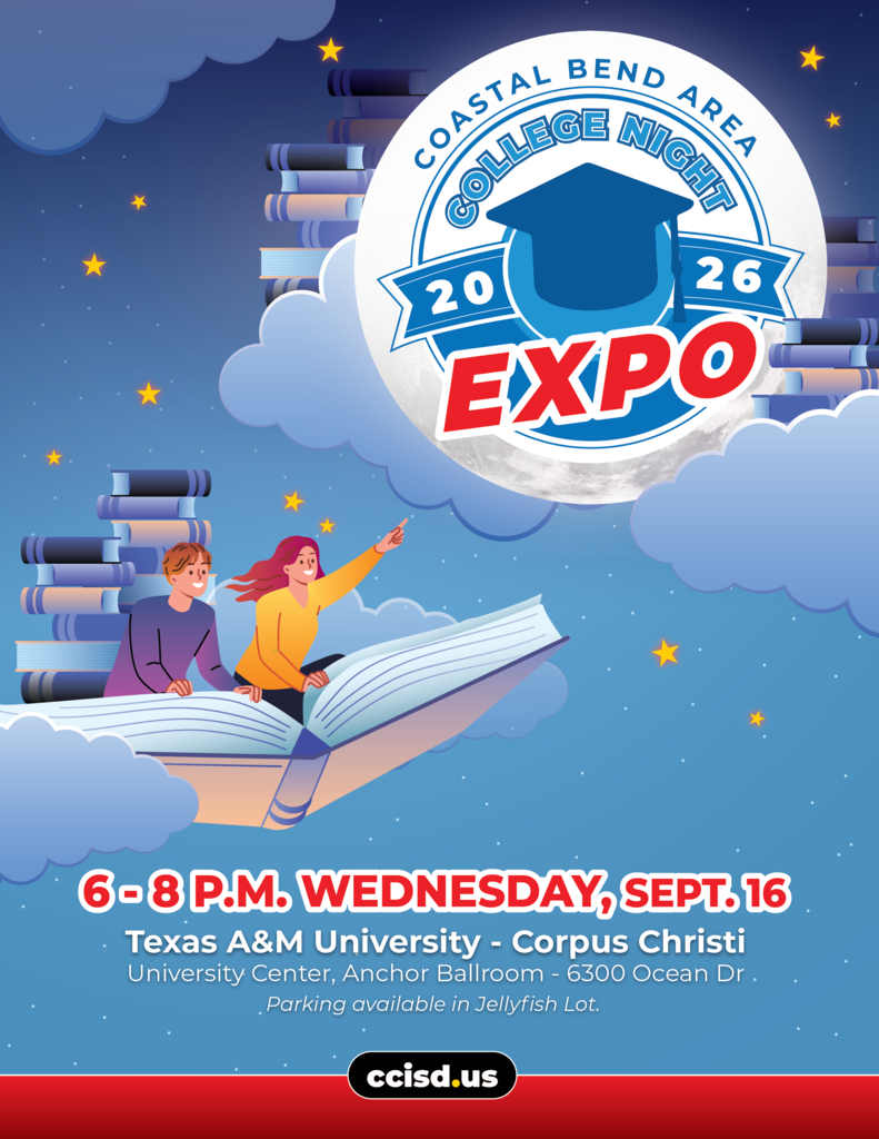 Event poster for College Night Expo 2026. Two people are reading a book in clouds with stars.