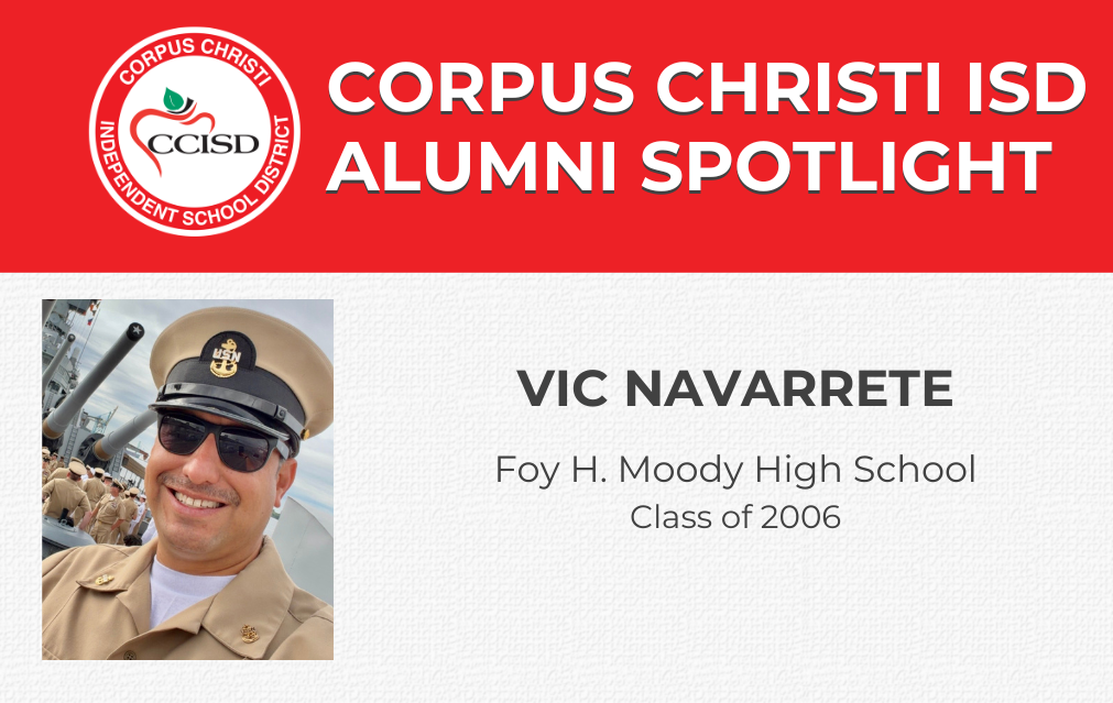 An advertisement for Corpus Christi ISD Alumni Spotlight features Vic Navarrete. He wears a navy hat and sunglasses.