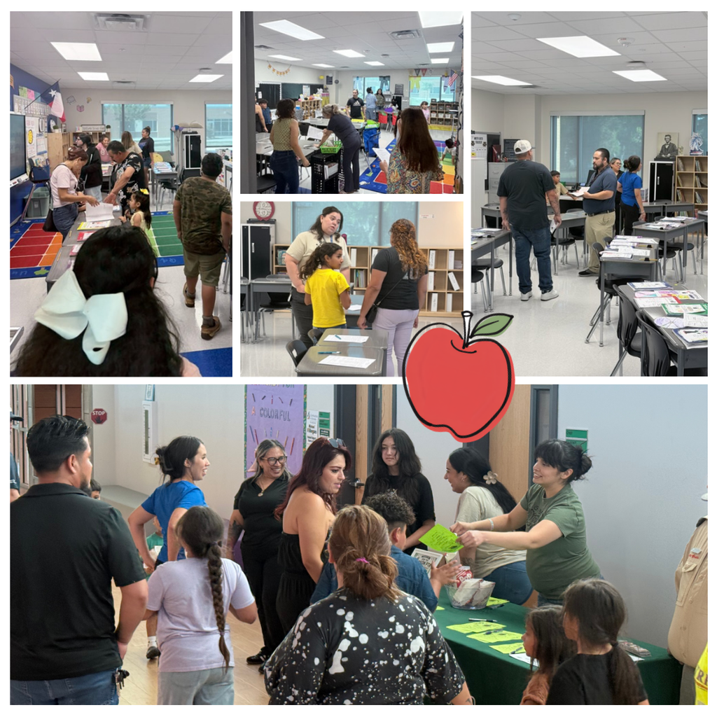 Collage of images showing a room with people attending an event, including families with children.