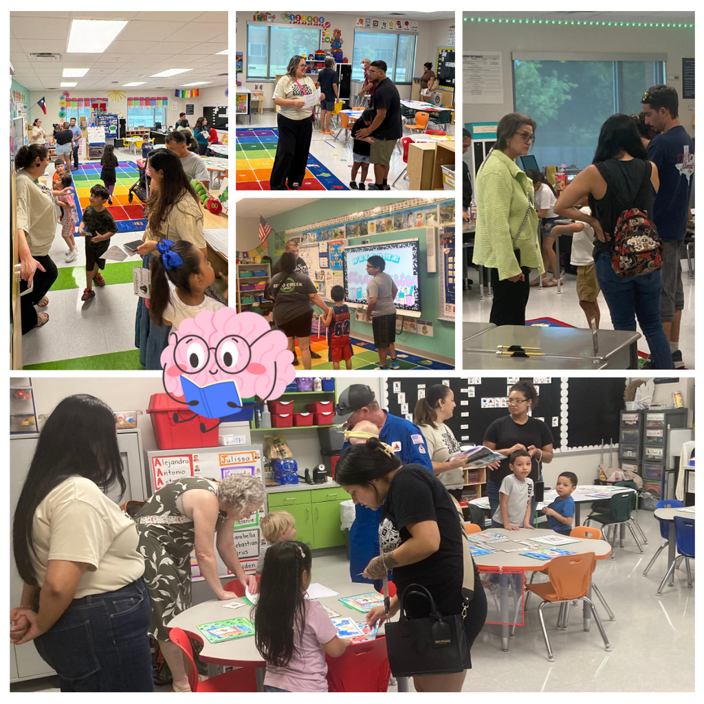 Multiple photos showing people in a classroom, some engaged in activities, others standing and conversing. Bright, colorful decorations.