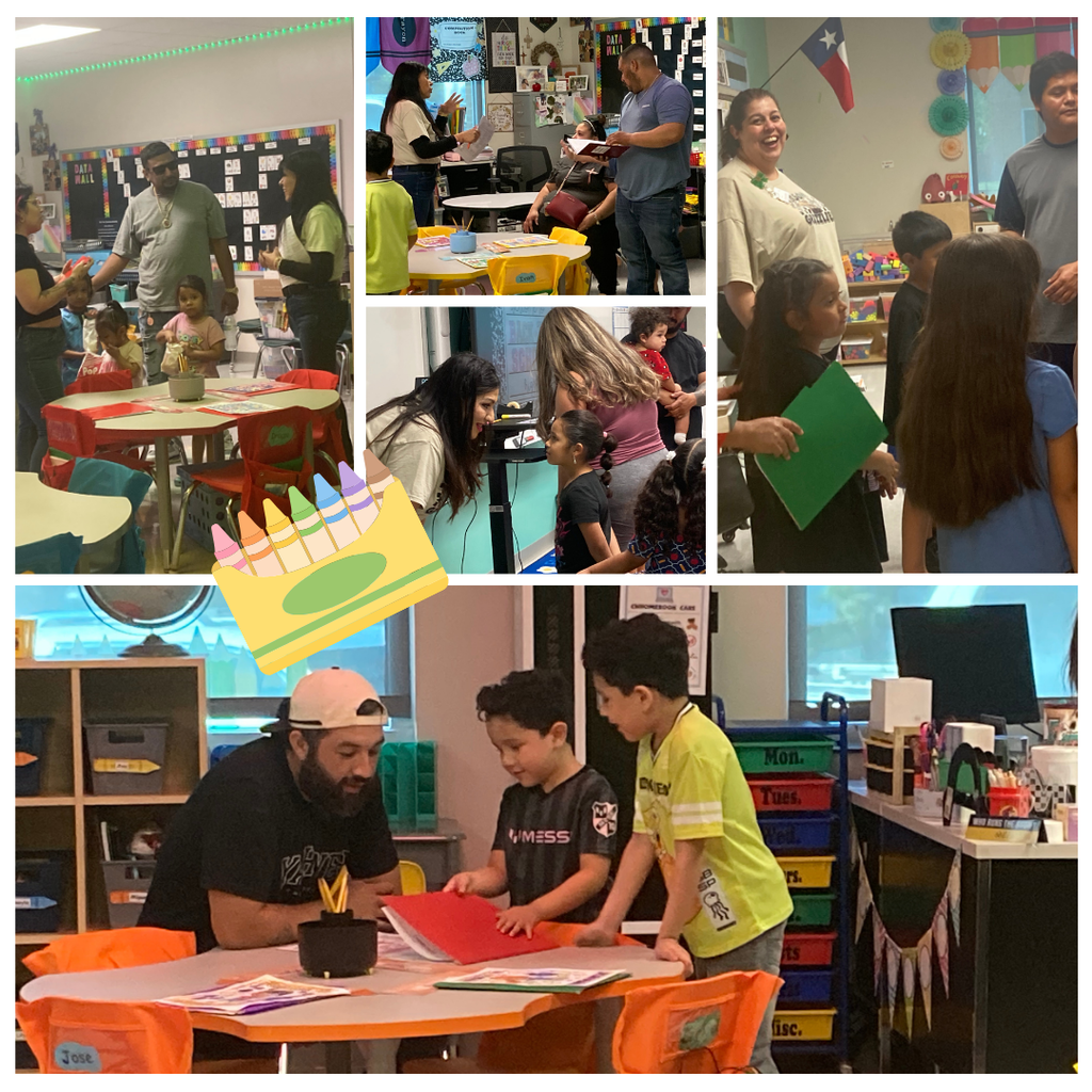 Collage of photos: adults and children in a classroom, some sitting and others standing. One photo shows a man and two children at a table.