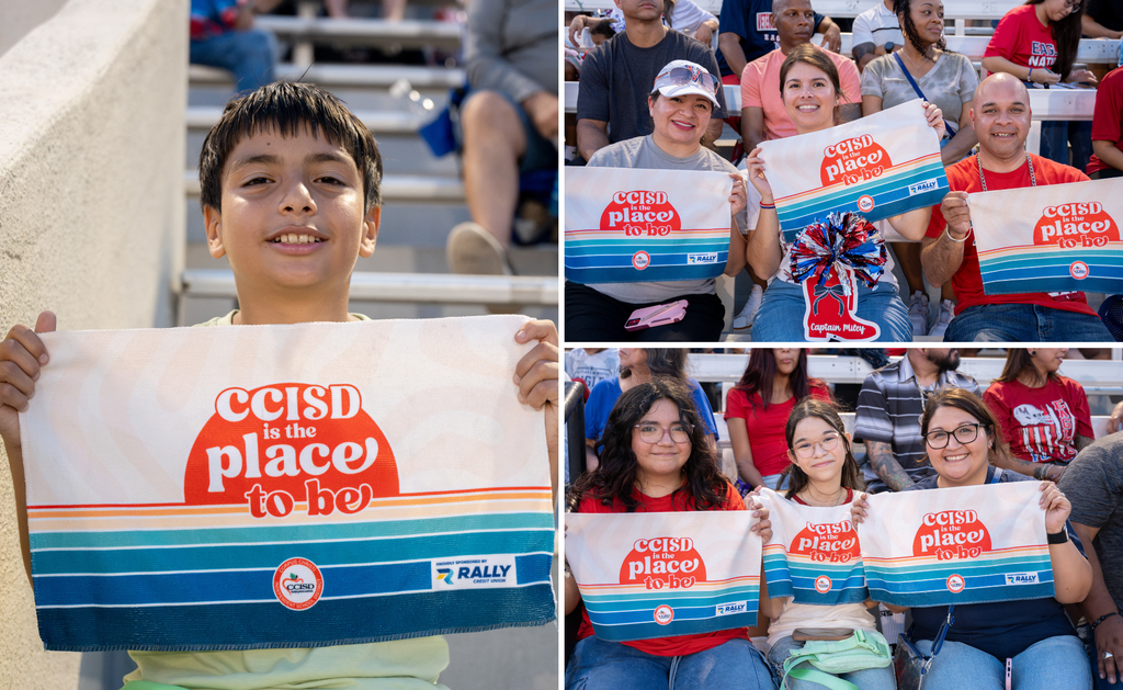 Multiple photos show a young boy, adults, and a girl holding signs reading "CCSD in the place to be."