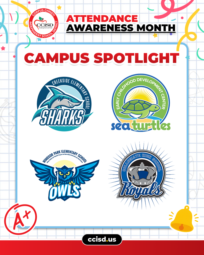 Graphic displaying logos for Sharks, Sea Turtles, Owls, and Royals against a grid background, highlighting Campus Spotlight for Attendance Awareness Month.