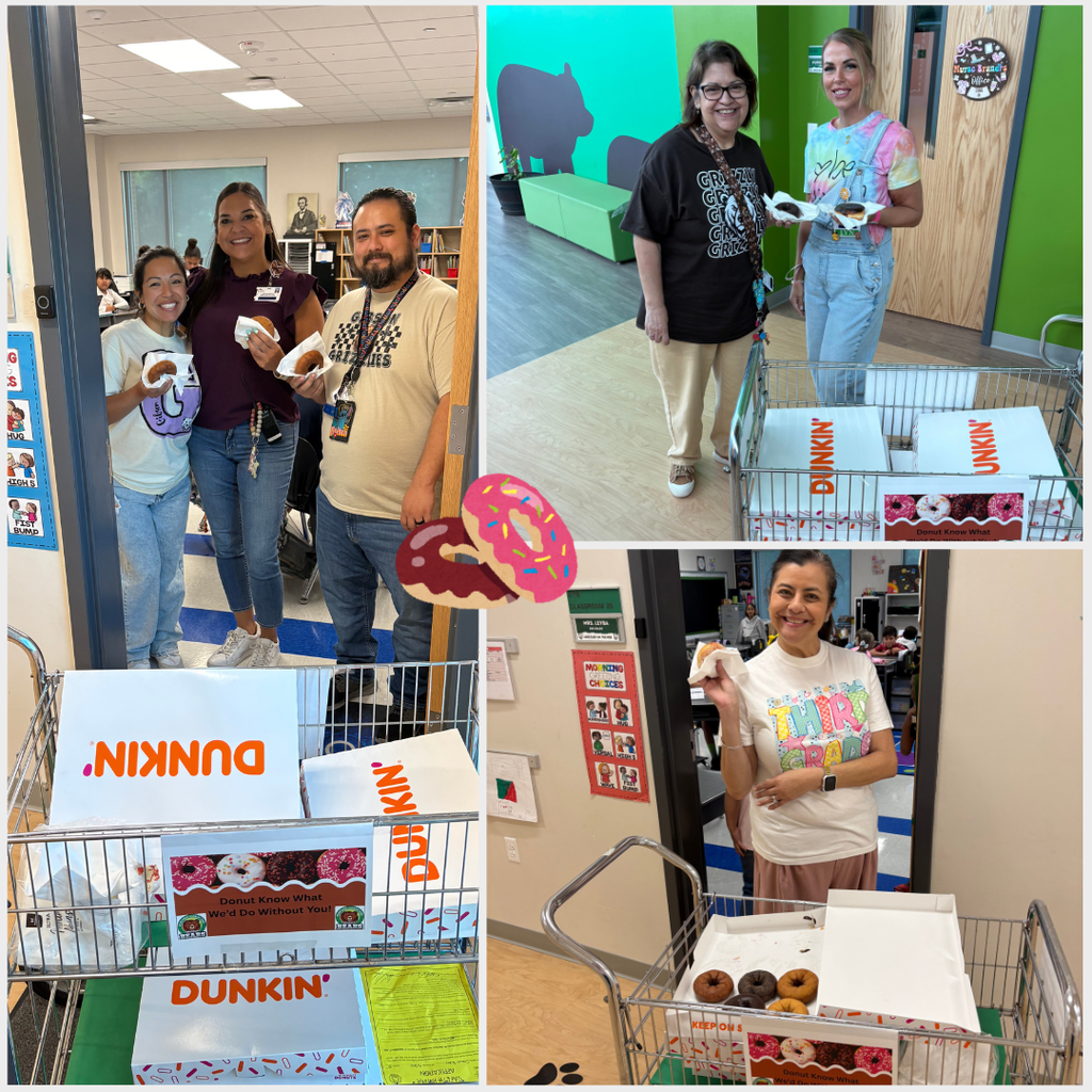 Four photos of people with Dunkin' donuts. The first shows three people standing in a room. The second shows a woman in a black shirt.