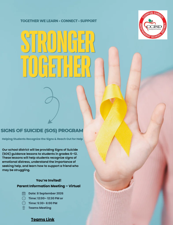 An image promoting the Signs of Suicide (SOS) program shows a hand with a yellow ribbon. Text reads "STRONGER TOGETHER" and "SIGNS OF SUICIDE (SOS) PROGRAM."