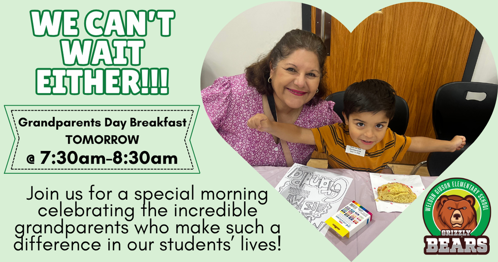 An older woman and child hold papers, smiling for a photo. Background shows "Grandparents Day Breakfast" and "7:30am-8:30am."