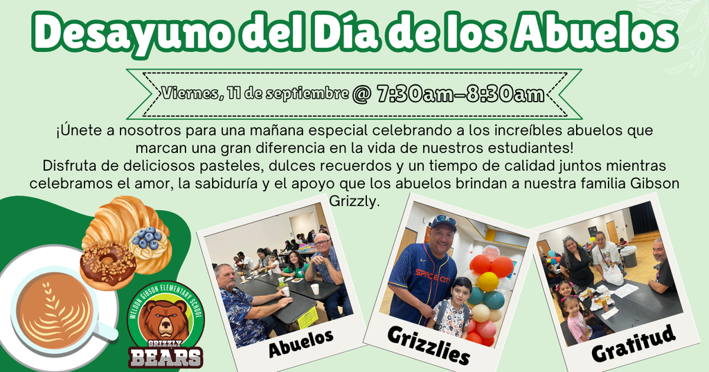 An event poster for Grandparents' Day, featuring images of a coffee cup, pastries, and groups of people gathered.