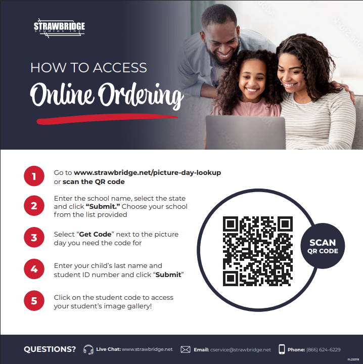 Advertisement for online ordering with instructions and a QR code. A man, a woman, and two children are shown on a laptop.