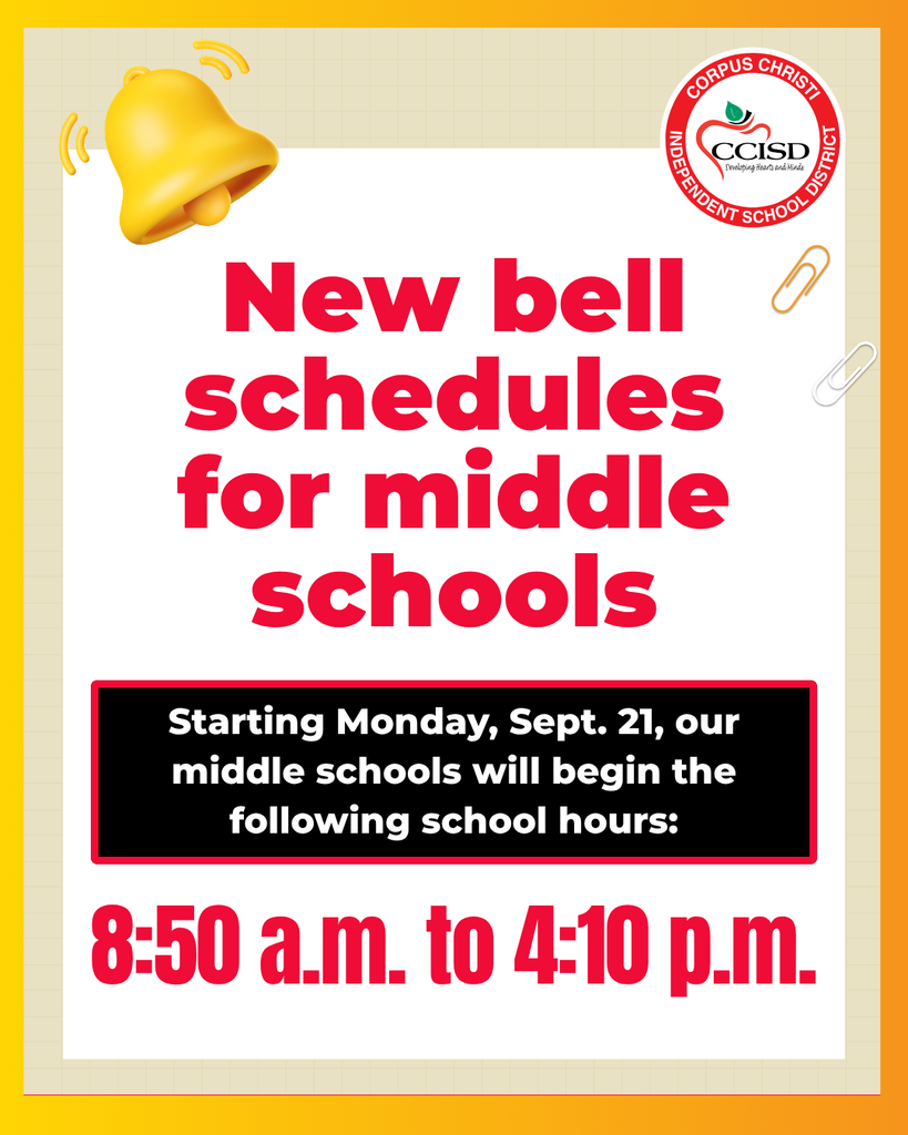Yellow background with a bell graphic. White text reads "New bell schedules for middle schools". Below, a black box reads "Starting Monday, Sept. 21".