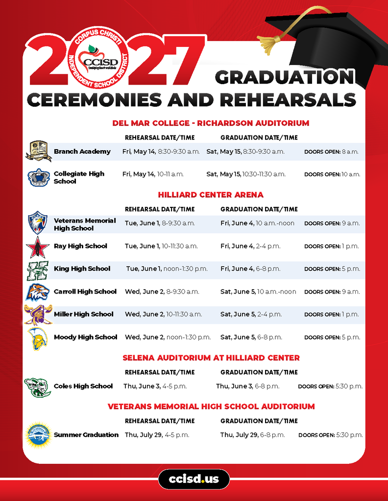 A flyer displays 2027 graduation ceremonies and rehearsals at various high schools, along with the date, time, and location.
