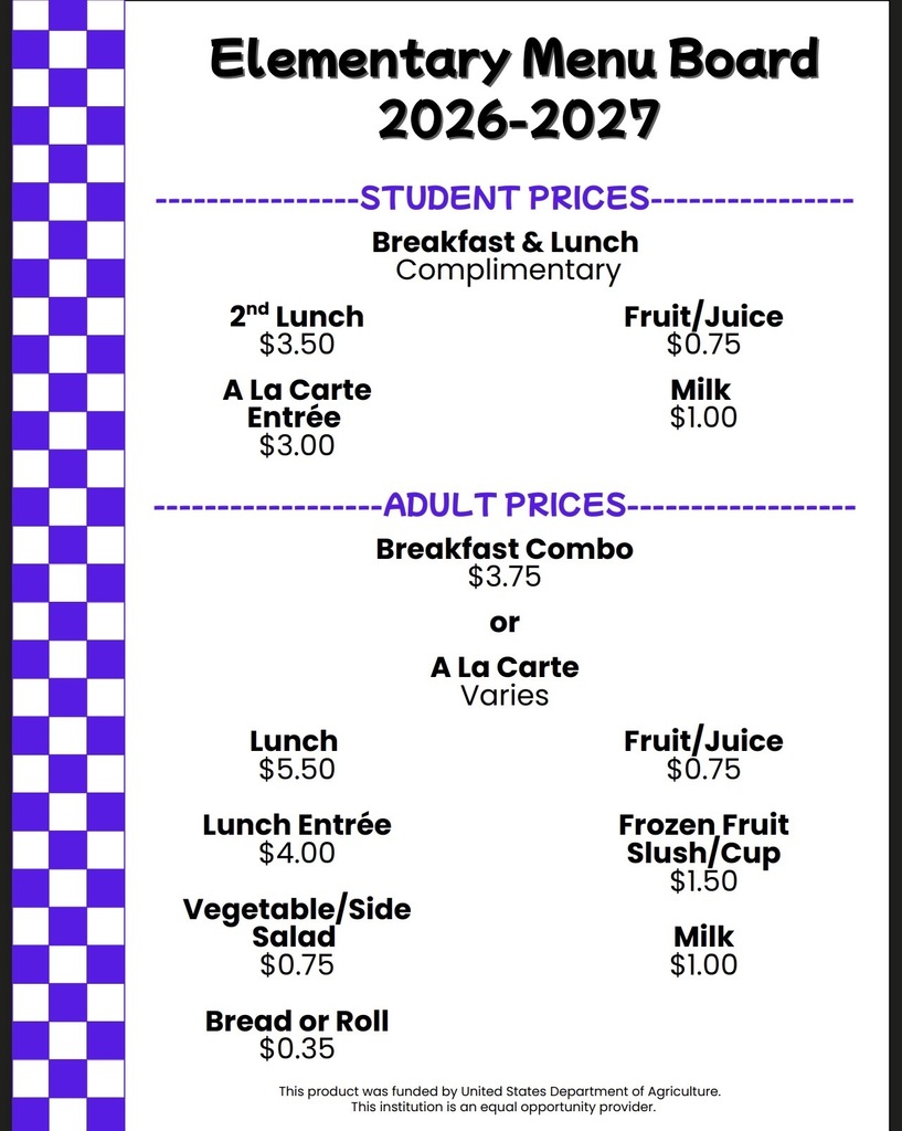 Purple and white menu board for 2026-2027 shows prices for breakfast, lunch, milk, fruit, and slushes.