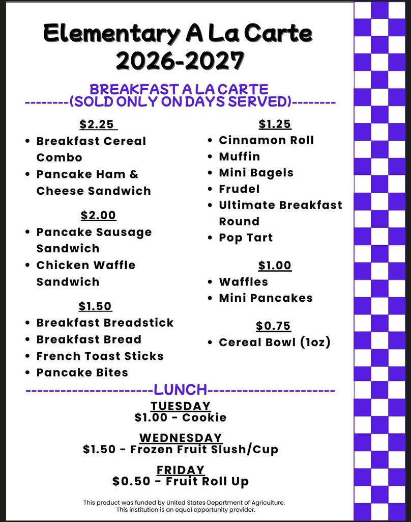 A menu with a purple and white checkered background. Sections for breakfast, lunch and notes that items are sold only on specified days.