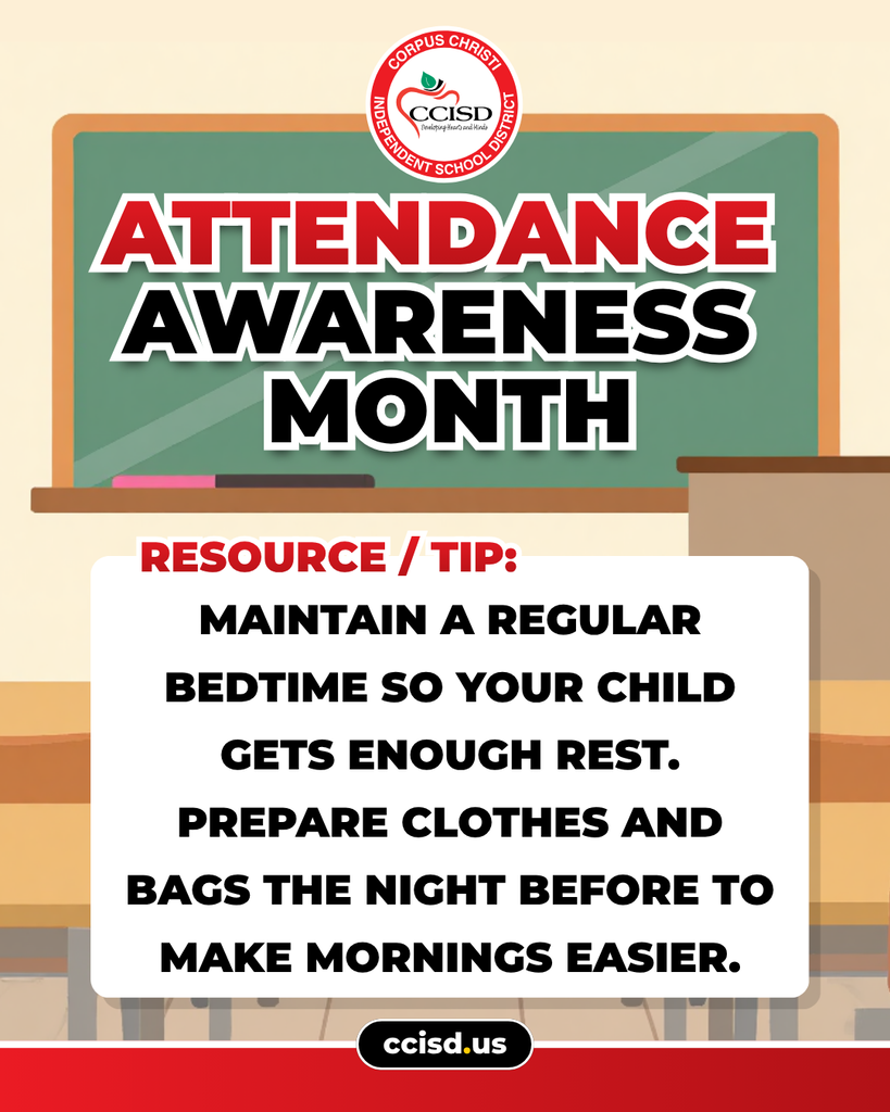 Classroom scene with a chalkboard that reads "Attendance Awareness Month". Text highlights tips such as maintaining a regular bedtime and preparing bags the night before.