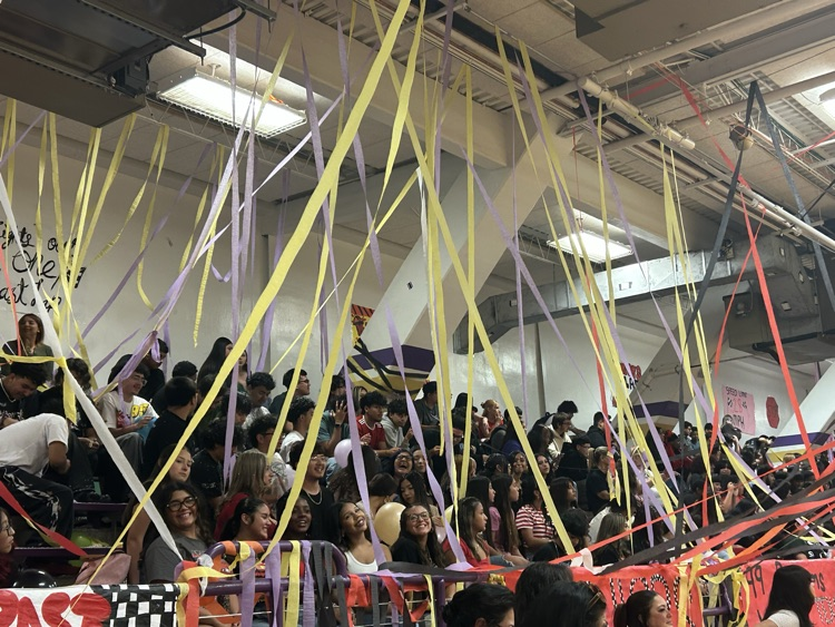 image includes students enjoying the pep rally
