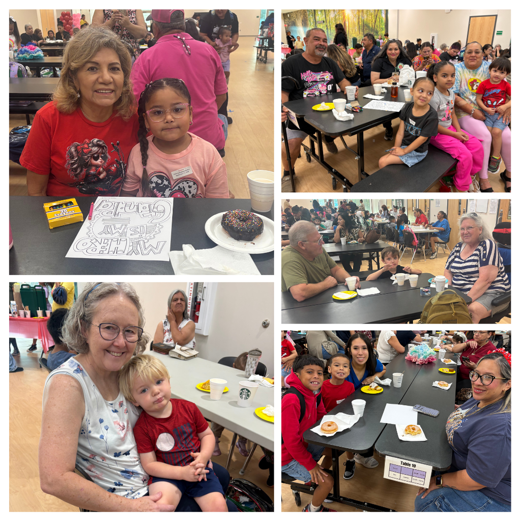 Multiple photos show people in a dining area. Two adults sit with children; another adult holds a child. A table has a donut, napkins, and a coloring book.