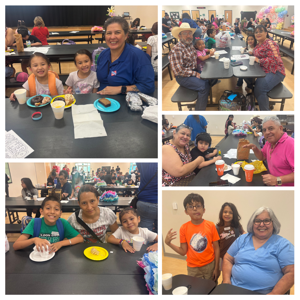 Six photos show adults and children seated at tables in a room. Each photo features different groups.