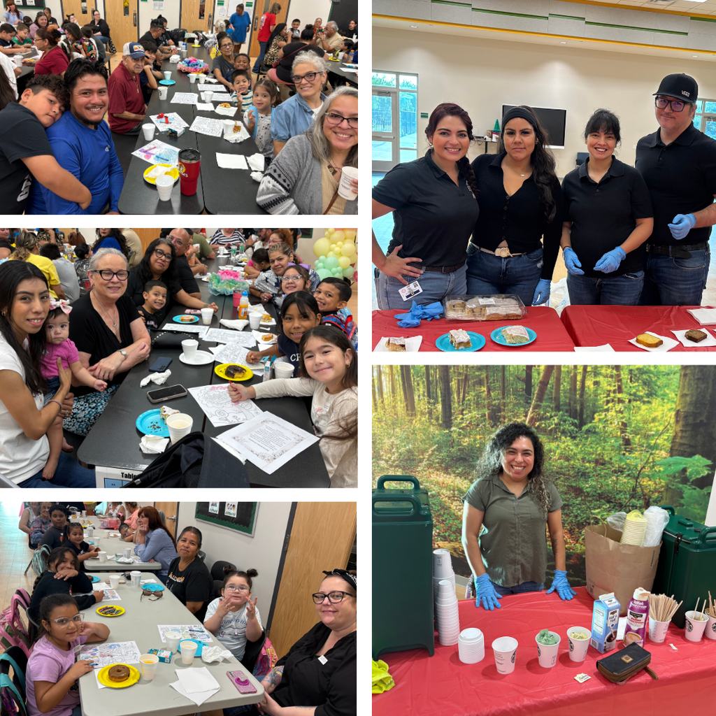 Collage of people at tables, smiling, and working. One woman in front of a mural.