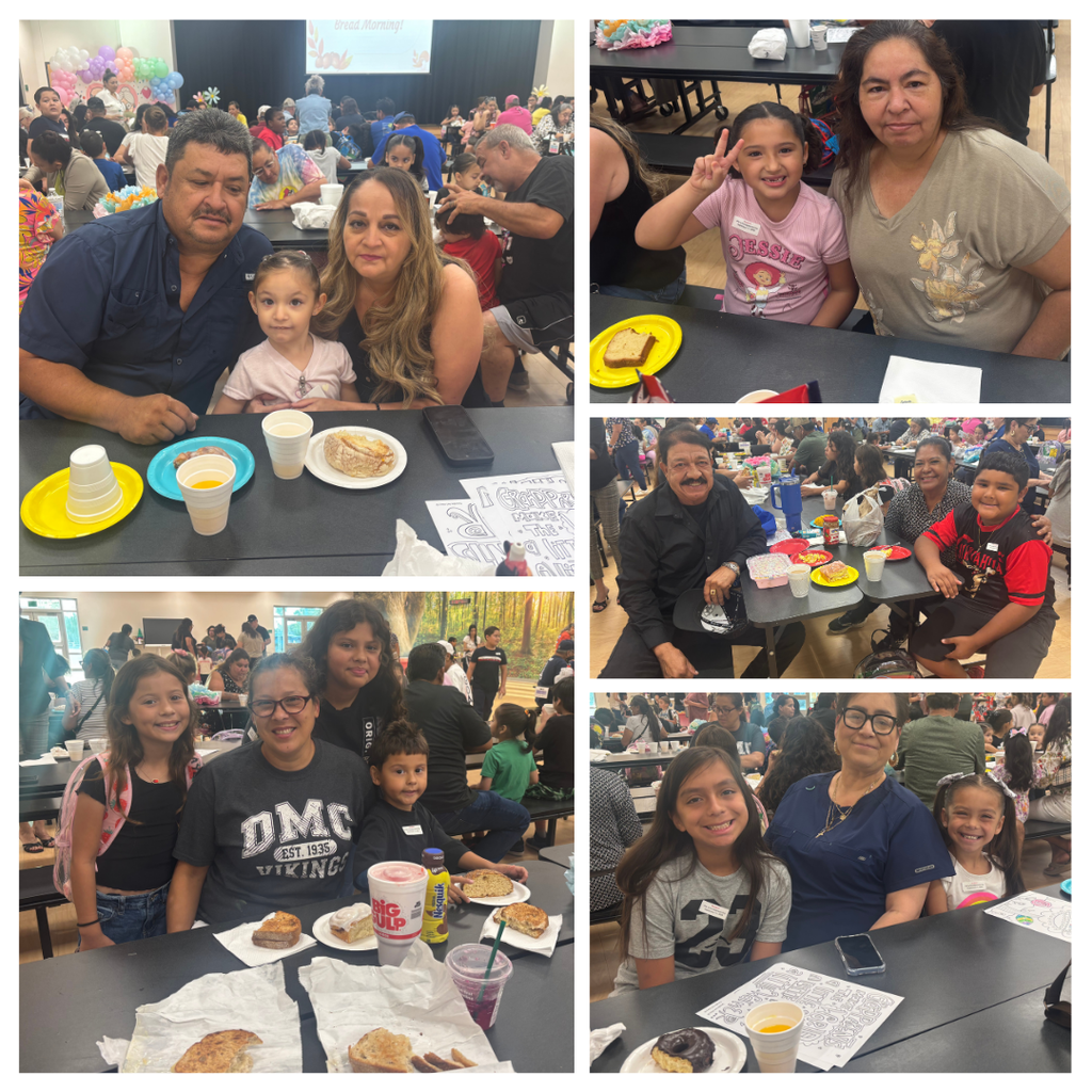 Multiple photos of families with children eating at a buffet. Each photo shows different families with their plates.