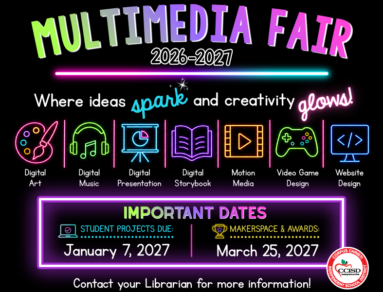 A neon sign with the words "Multimedia Fair 2026-2027" and various icons representing digital art, music, video game design, etc.