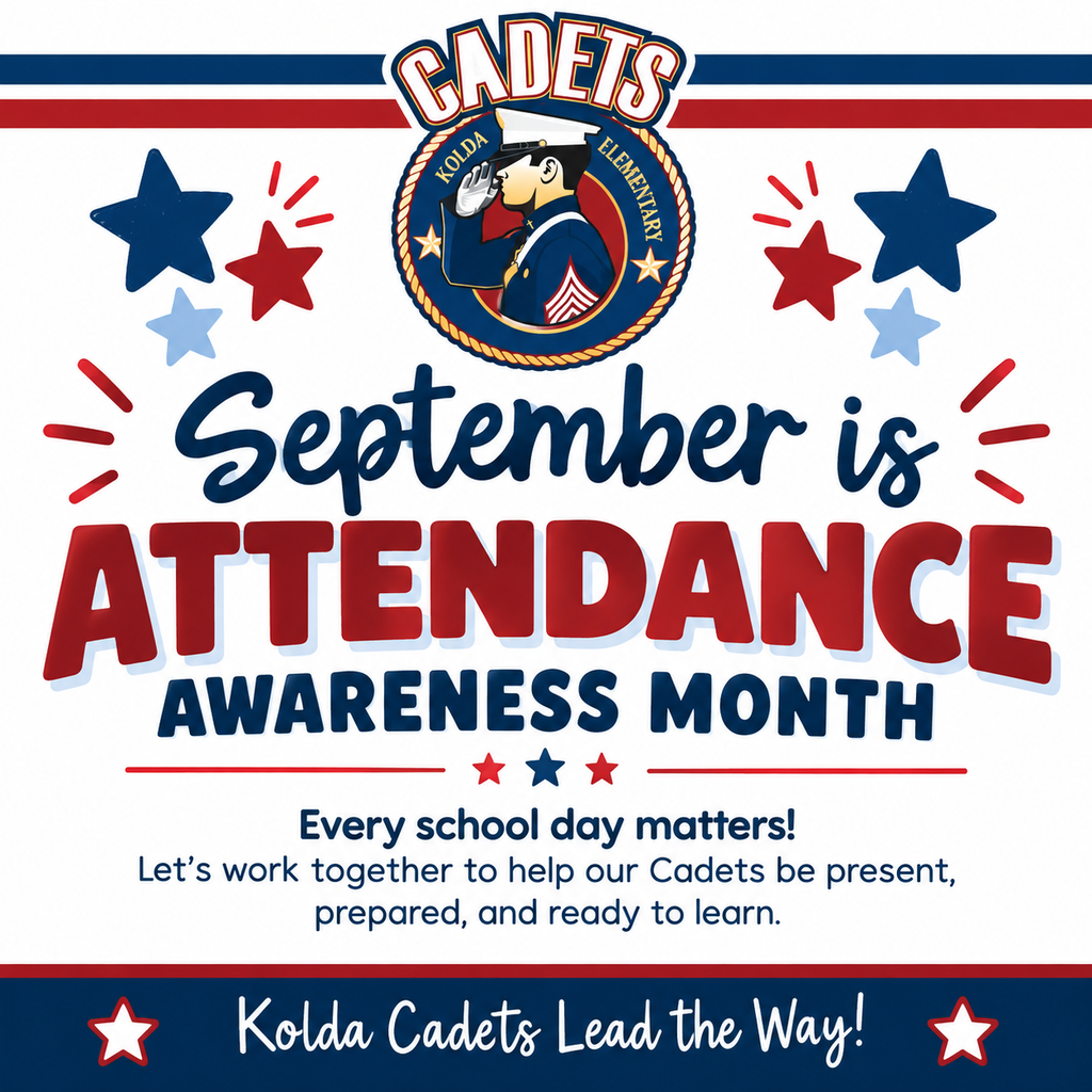 White background with red, white, and blue stars. An emblem of a sailor, and "CADETS" at the top. Text reads "September is Attendance Awareness Month."