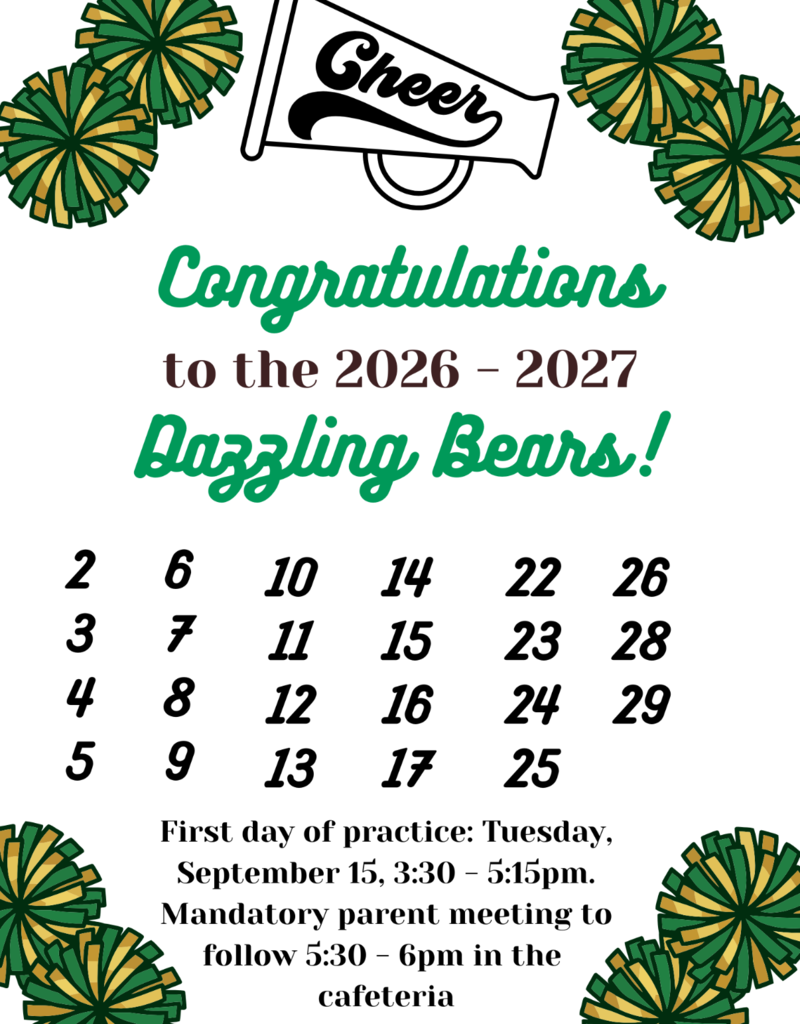 A poster congratulates the 2026-2027 Dazzling Bears. Dates 2-29 are listed. First practice is Sept 15.