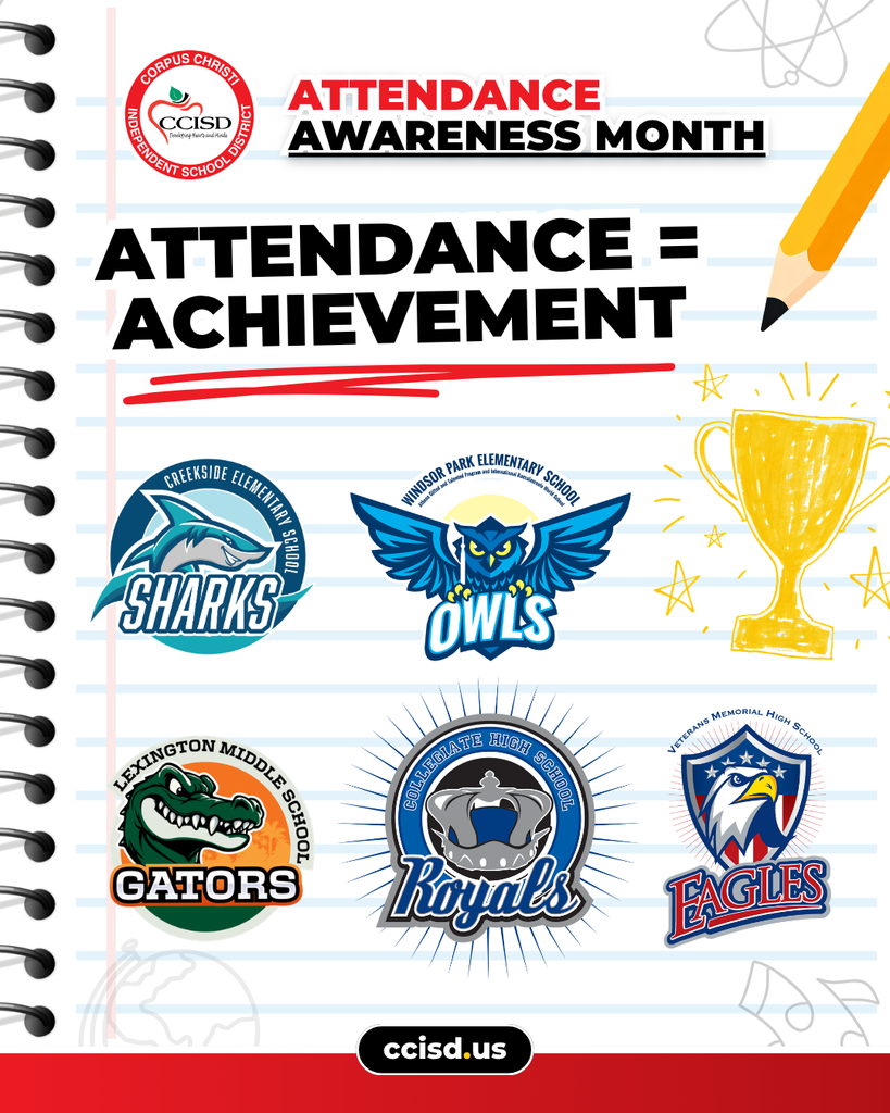 Open notebook with the header Attendance Awareness Month. Logos of sharks, owls, gators, royals, and eagles.