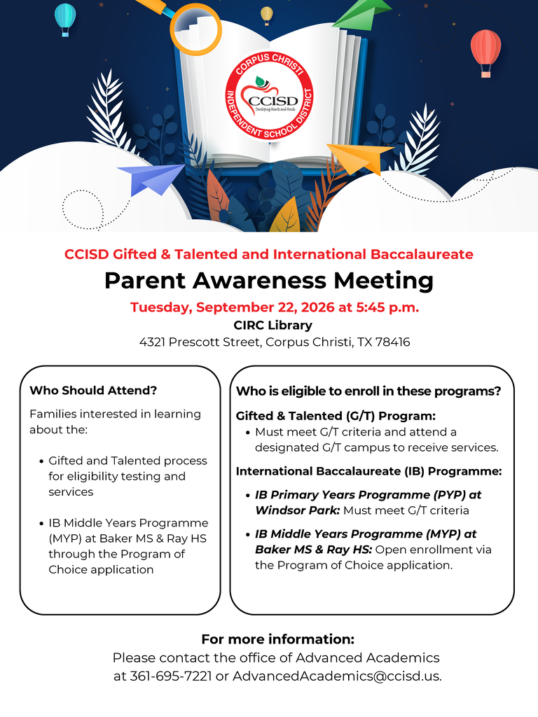 Flyer with balloons and leaves. Text reads "CCISD Gifted & Talented and International Baccalaureate Parent Awareness Meeting".