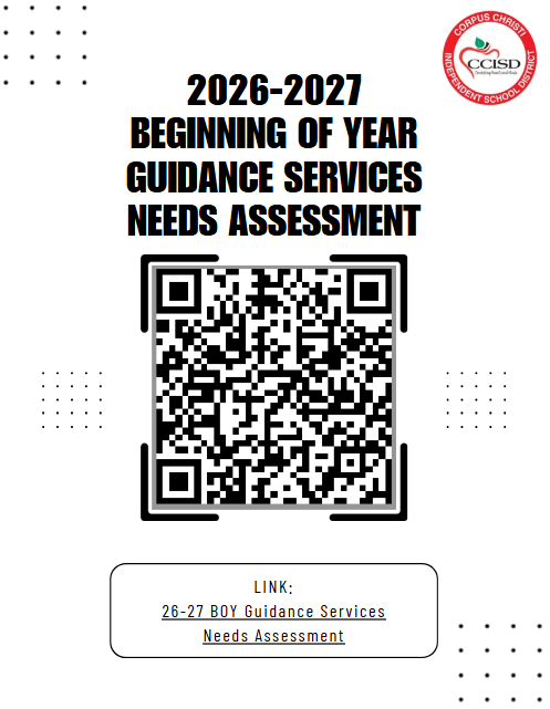 White page with black text, a QR code, and a red logo. Text reads "2026-2027 Beginning of Year Guidance Services Needs Assessment".