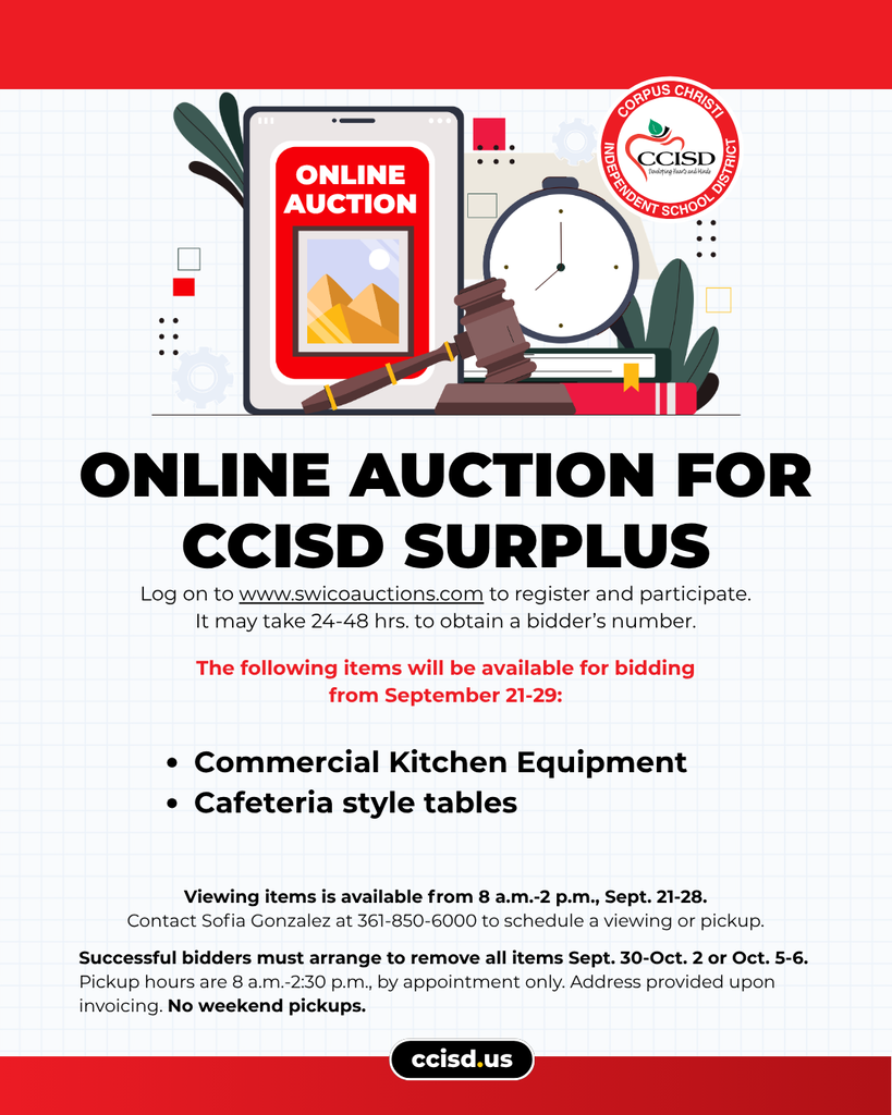 A flyer promotes an online auction for CCCSD surplus items, featuring icons of a phone, hammer, pyramid, and clock.
