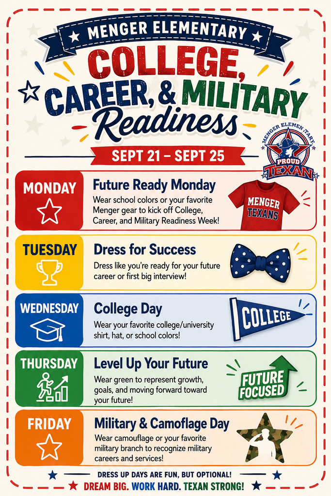 A poster with five days and their themes: Monday for Future Ready, Tuesday for Career Success, Wednesday for College Day, Thursday for Level Up Your Future, and Friday for Military & Camouflage Day.