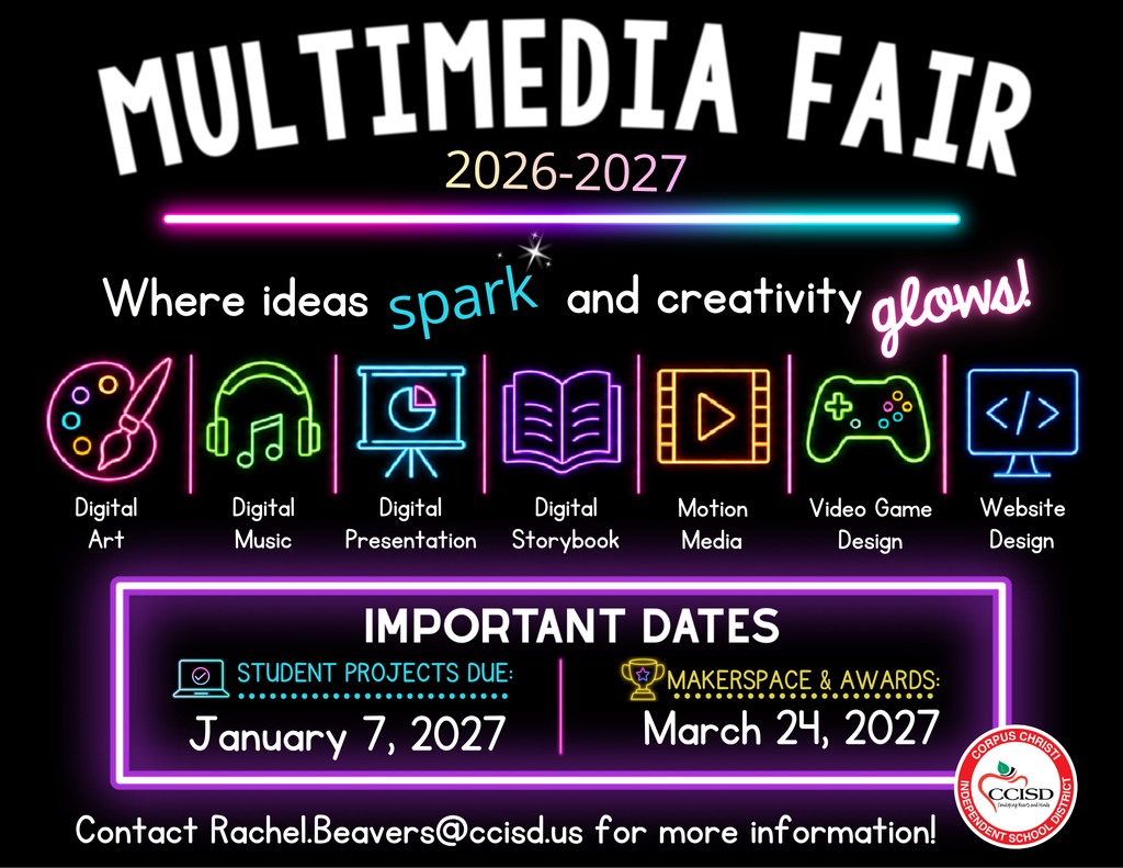 Multimedia fair 2026-2027 event poster. It shows icons for digital art, music, and more. Includes important dates: January 7, 2027, for student projects.